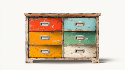 Vintage Chest of Drawers: A rustic chest of drawers with six colorful drawers, its aged appearance telling a story of time and use. Perfect for evoking a sense of nostalgia and charm.
