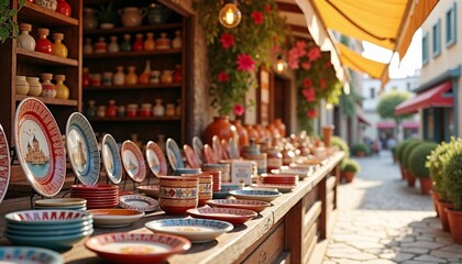 Cozy Mediterranean market scene with colorful souvenirs on a wooden counter, warm sunlight illuminating details