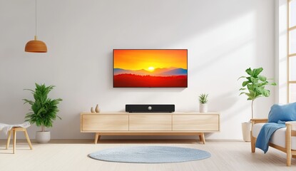Modern Living Room Interior with Sunset Landscape on Television