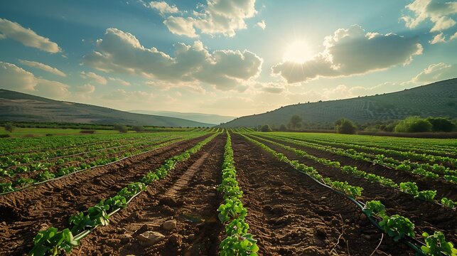 Drip irrigation farm in Israel where desert farming techniques maximize water efficiency for growing crops in arid conditions