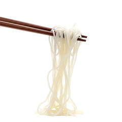 Chopsticks holding white noodles on PNG background.