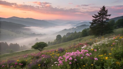 Obraz premium A misty sunrise over a valley filled with blooming flowers.