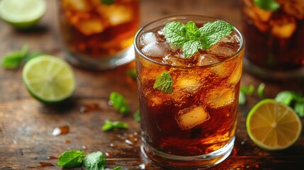 Refreshing iced tea with mint and lime, garnished with ice cubes. Perfect for summer beverage menus, websites, or blogs.