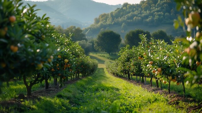 European farm practicing agroforestry integrating fruit orchards ensuring biodiversity and soil health