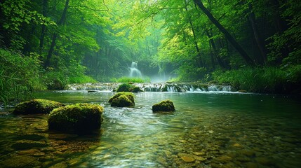 Lush forest stream cascade