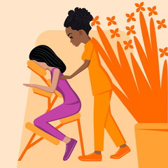 Manual massage. treatment by professional therapist in SPA. Chair Massage Therapy. Isolated flat vector illustration. African and Indian ethnicity.