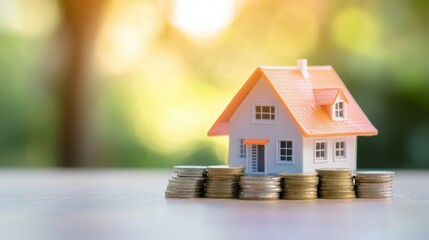 Miniature house model placed on top of stacks of coins with blurred natural background representing real estate investment and housing market concept
