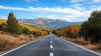 Driving Down Empty Asphalt Road Towards Distant Mountains in Autumn