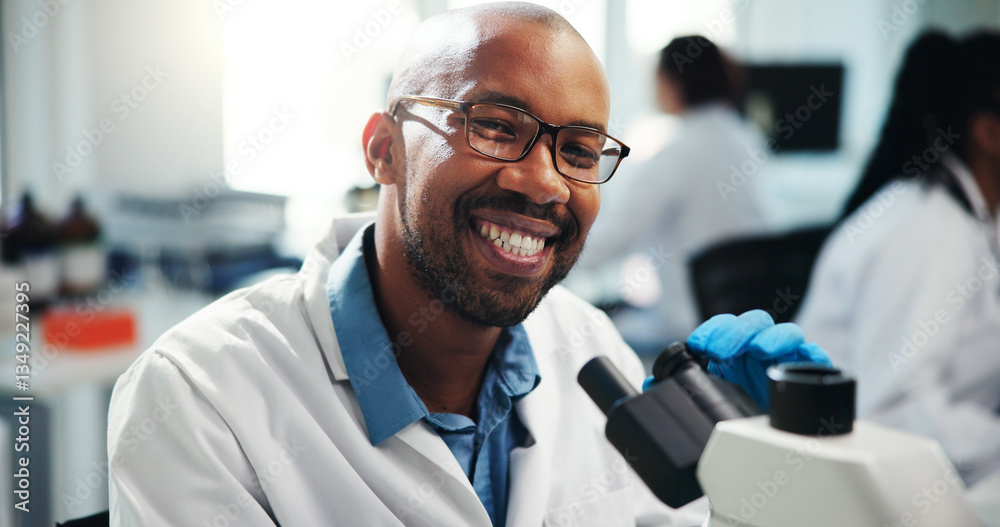 Poster portrait, black man and scientist with microscope in lab for medical research, experiment and about 