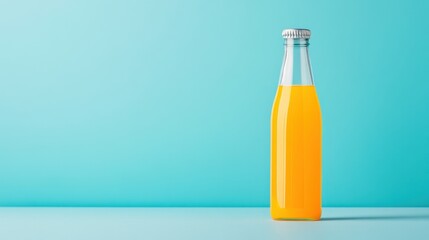 Bright Orange Beverage in Clear Glass Bottle with Metal Cap on Soft Blue Background for Refreshing Drink Concepts and Marketing Needs