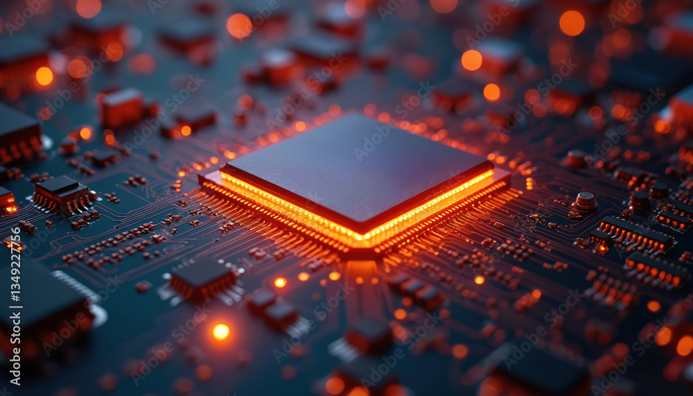 Aufkleber High-tech circuit board with glowing processor. Digital tech, modern computer hardware with semiconductors. Artificial intelligence, data transfer, system component.
