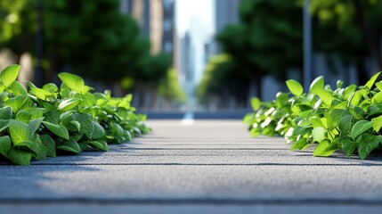 A serene urban pathway lined with vibrant green plants, creating a tranquil atmosphere amidst the cityscape.