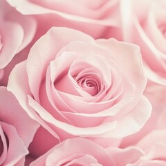 Fototapeta premium Beautiful pastel pink rose background with soft focus and light effect, featuring many blooming rose flowers. Ideal for romantic wedding cards, greeting cards, banners, and vintage-themed designs. 