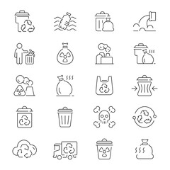 Garbage vector icons. Waste garbage line icons. Garbage, waste, trash, rubbish related thin line icon collection. Editable stroke