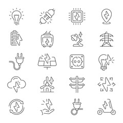 Electricity icons. Electric energy vector icon set. Energy, electrical energy, electricity related thin line icon collection. Editable stroke