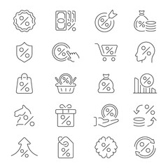 Discount vector icons. Discount offer and sale icons set. Sale, offer, price, promotion, discount related thin line icon collection. Editable stroke