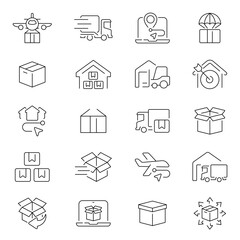 Logistics vector icon set. Logistic, distribution, shipping, transportation, delivery, cargo, Logistics related thin line icon collection. Editable stroke