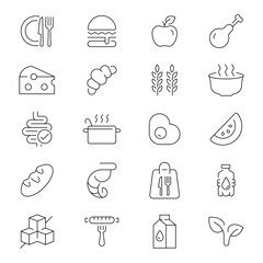 Nutrition vector icons. Nutrition and food linear icons collection. Eat, food, healthy food, diet, Nutrition related thin line icon collection. Editable stroke