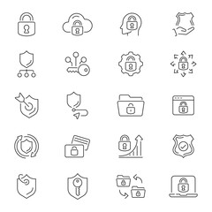 Privacy vector icons. Set of Privacy web icons in line style. Guard, cyber security, password, safety, data protection, key, shield, security, privacy related thin line icons