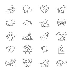 Pets vector icon set. Animal care and vet clinic icons. Dog, cat, puppy, animals, pets related thin line icon collection. Editable stroke
