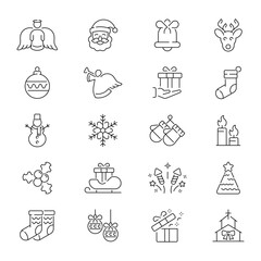 Christmas icons in line style. Christmas elements. Christmas, New Year, winter holidays vector icons. Santa Claus, reindeer, Christmas tree, snowman,  Christmas related thin line icon collection
