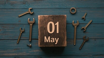 Wooden Block Calendar Displaying May First Surrounded by Various Wrenches on a Rustic Blue Wooden Surface