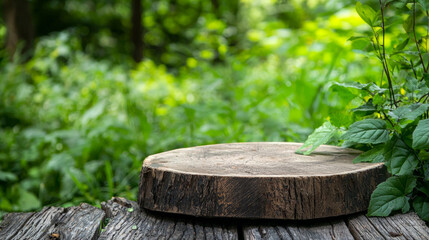 Naklejka premium Rustic wooden podium on forest floor, surrounded by lush greenery, evokes sense of tranquility and connection to nature