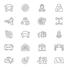 Car repair service vector outline icon set. Vehicle maintenance and fixing icons