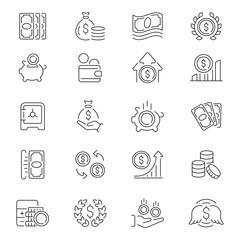 Finance banking outline money vector icon set. Financial and banking icons