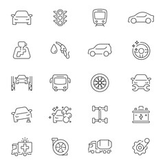 Transport vehicle service repair and transportation outline vector set. Car and public transport icons