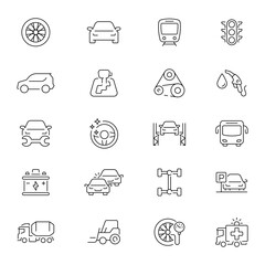 Transport vehicle service repair and transportation outline vector set. Car and public transport icons