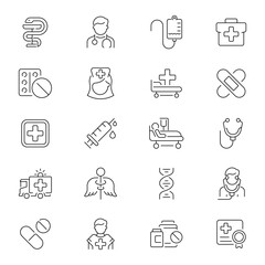 Medicine healthcare vector outline icon set. Medical treatment and hospital icons