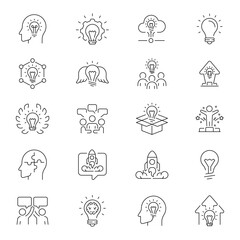 Idea and brainstorm vector outline icon set. Light bulb and creative thinking icons