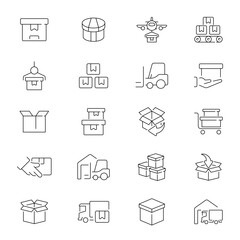 Delivery service vector outline icon set. Shipping and logistics symbols