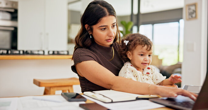 Laptop, multitask or remote work with mother and baby in home for development of small business. Busy, computer or typing with single parent and child in apartment for freelance or startup career