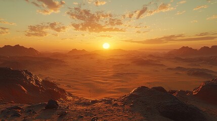 Fototapeta premium Golden sunset over a vast desert landscape.