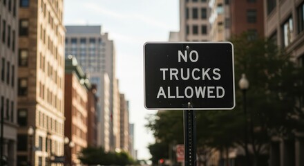 No Trucks Allowed Sign in City Street with Tall Buildings