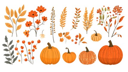 Naklejka premium Professional Set of Autumn Garden Plants Including Pumpkins and Autumn Flowers