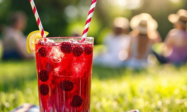 A refreshing glass of red raspberry beverage with a lemon slice and a straw outside.