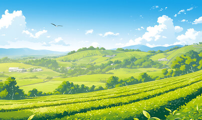 Fototapeta premium Illustration of matcha tea leaves, harvesting, processing, traditional tools, tea ceremonies, matcha beverages, desserts, and green tea plantations on a white background.