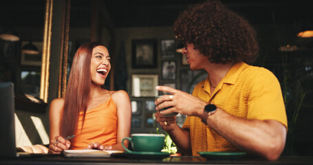 Date, laughing and students with couple in coffee shop together for bonding, love or romance. Conversation, funny or study with man and woman in cafe or restaurant for hospitality, relax and service