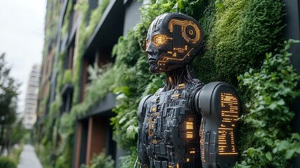 Futuristic robot against green wall.