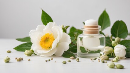 A flat lay composition featuring a variety of skincare products,