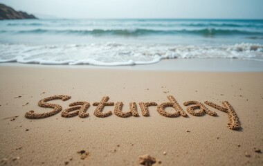 Saturday Written in Sand with Ocean Waves Rolling Ashore Holiday Concept