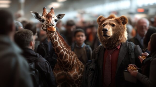 In a bustling crowd, a bear in a suit juxtaposes reality with imagination, alongside a giraffe, creating a humorous and surreal atmosphere that invites whimsy and curiosity.