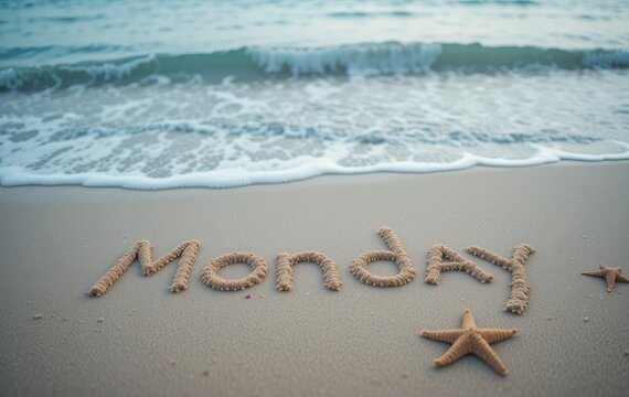 Monday Written in Sand with Starfish on a Tropical Beach