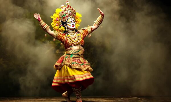 A traditionally dressed Kathakali dancer performing a vibrant dance pose with elaborate makeup.