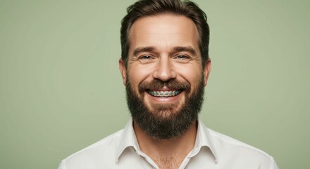 Smiling caucasian male adult with beard and braces on green background