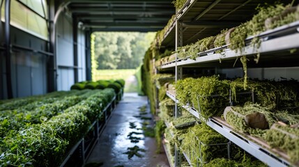 French hemp estate where AI driven sorting and processing machines refine hemp fibers for premium eco friendly textiles and construction materials
