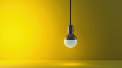 Single illuminated pendant light against a vibrant yellow backdrop in a minimalist setting
